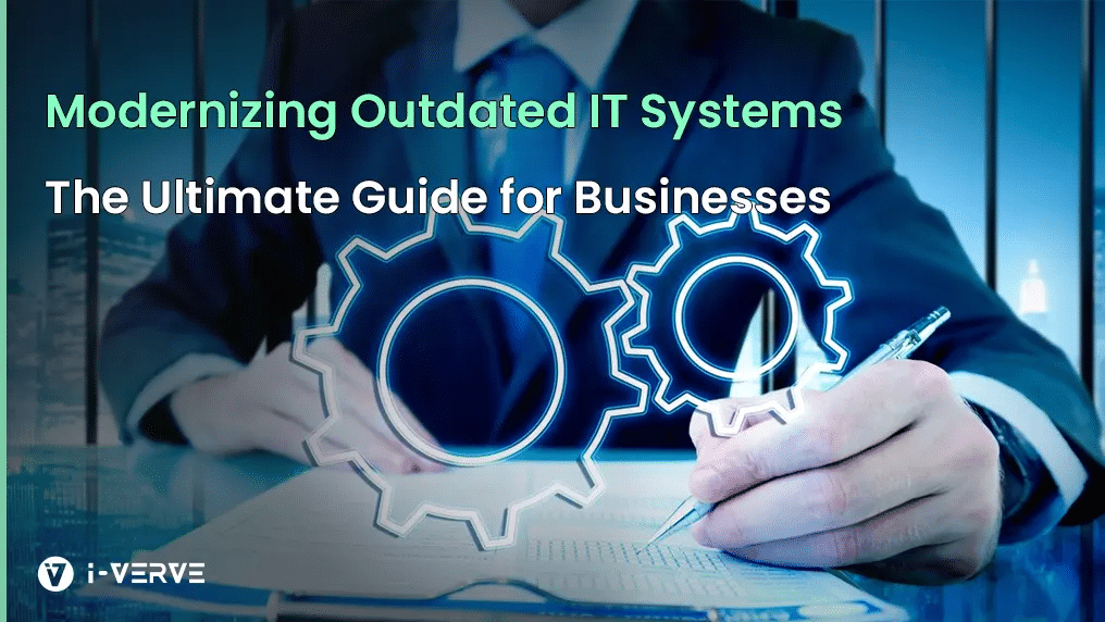 A business professional reviews documents with a pen in hand. Two glowing blue gear icons symbolize IT modernization.